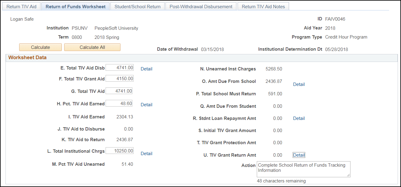 Return of Funds Worksheet page