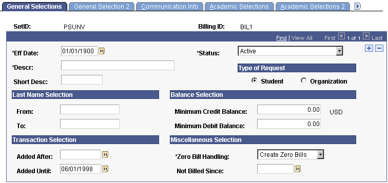 General Selections page