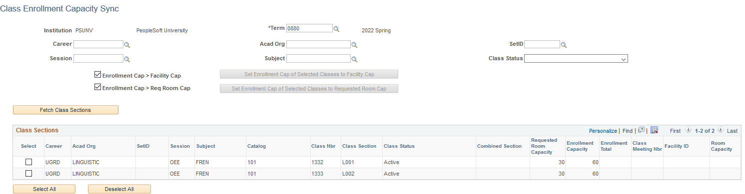 Class Enrollment Capacity Sync page
