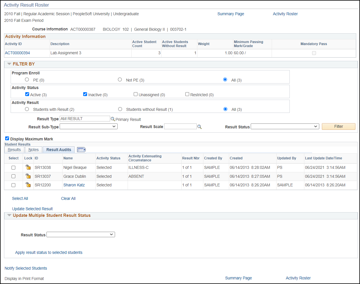 Activity Result Roster page, Student Results group box, Result Audits tab