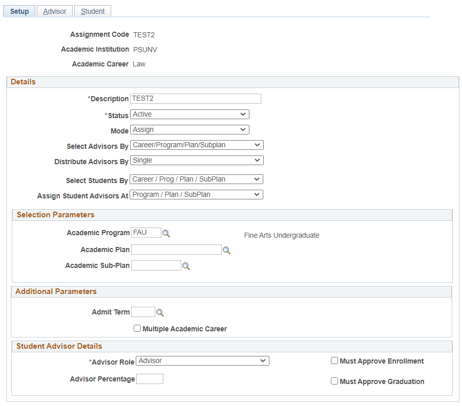 Student Advisor Assignment - Setup page