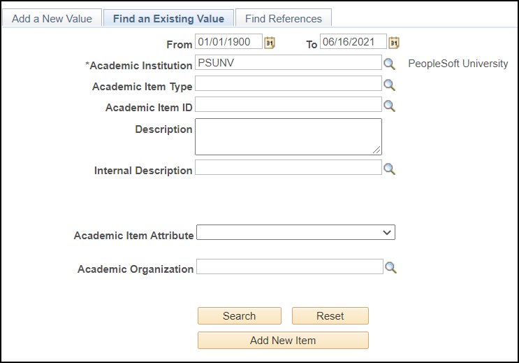 Academic Item Registry Search page