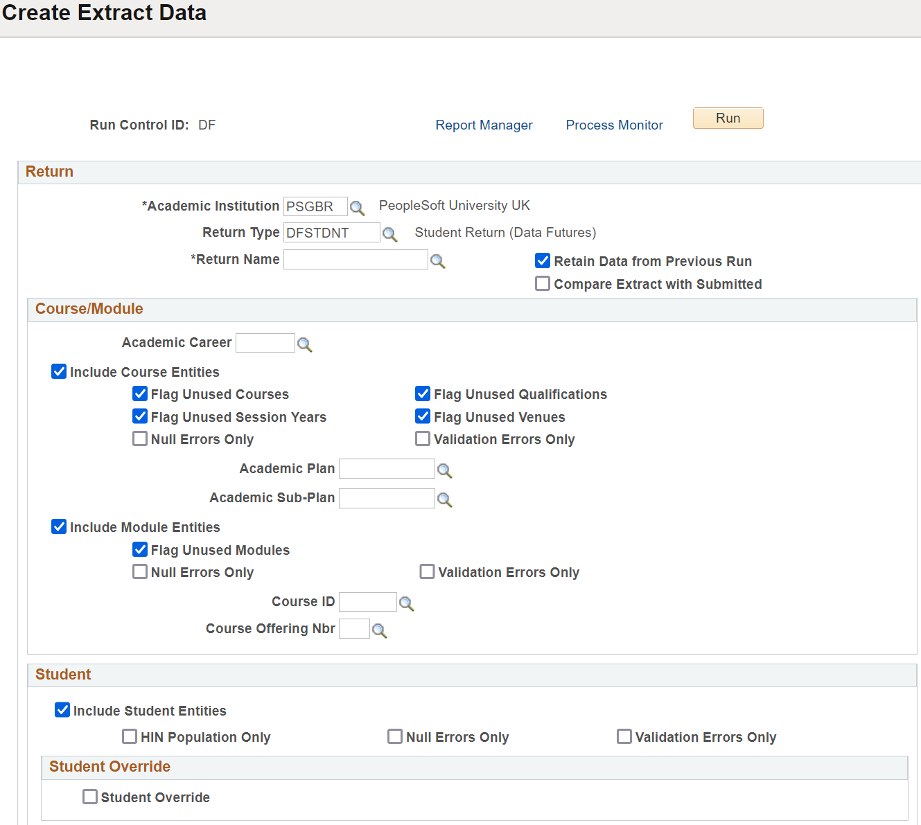 Create Extract Data page