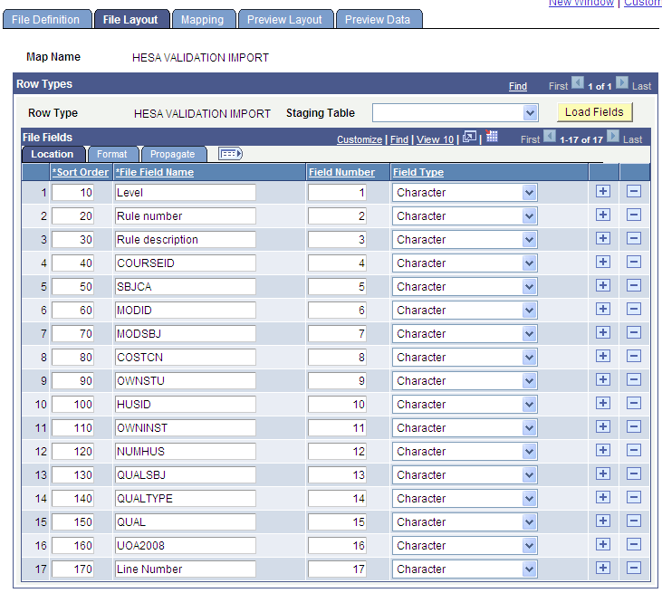An example of the error file structure set up on the File Layout page