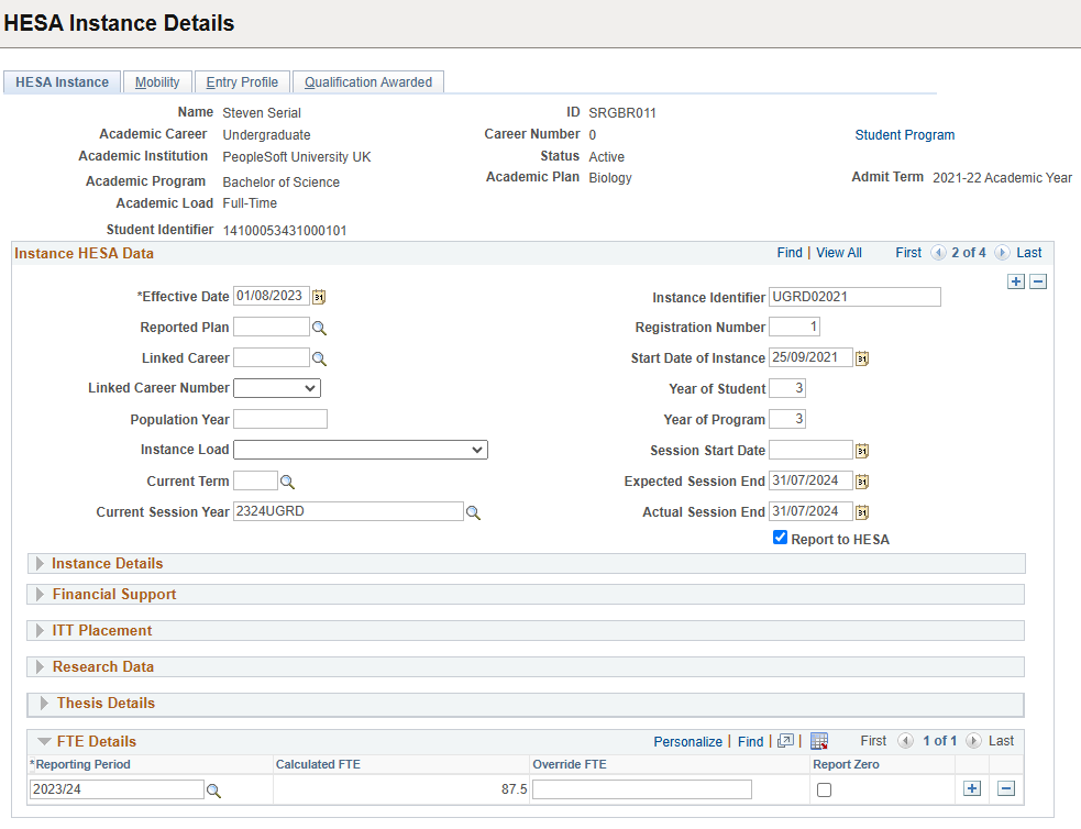 HESA (Higher Education Statistics Agency) Instance page