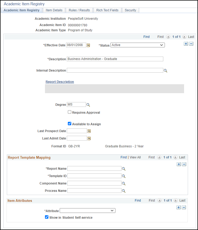 Academic Item Registry (PRG) (program) page