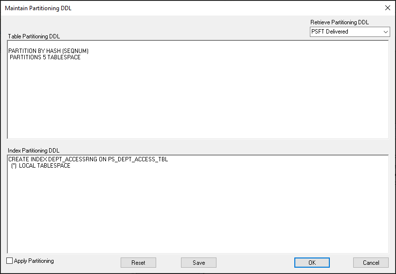 Maintain Partitioning DDL dialog box