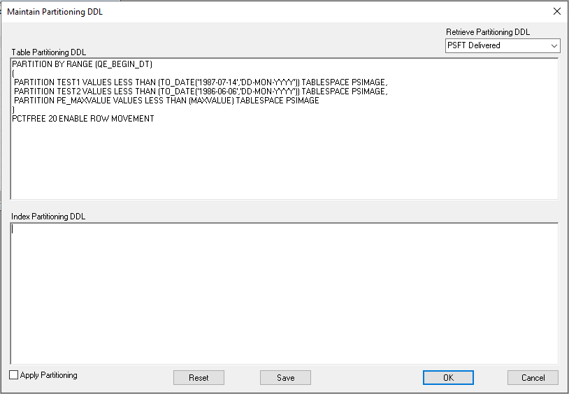 Maintain Partitioning DDL dialog box