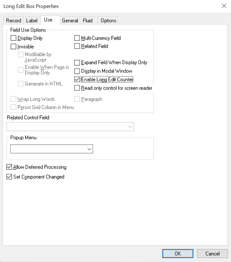 Long Edit Box Properties dialog box: Use tab