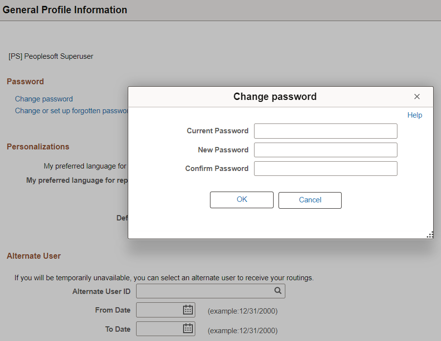 Change password modal secondary page
