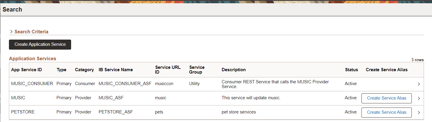Application Services Search page