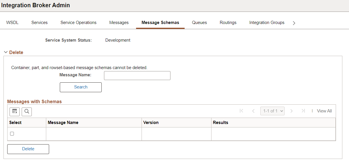 Service Administration - Message Schema page