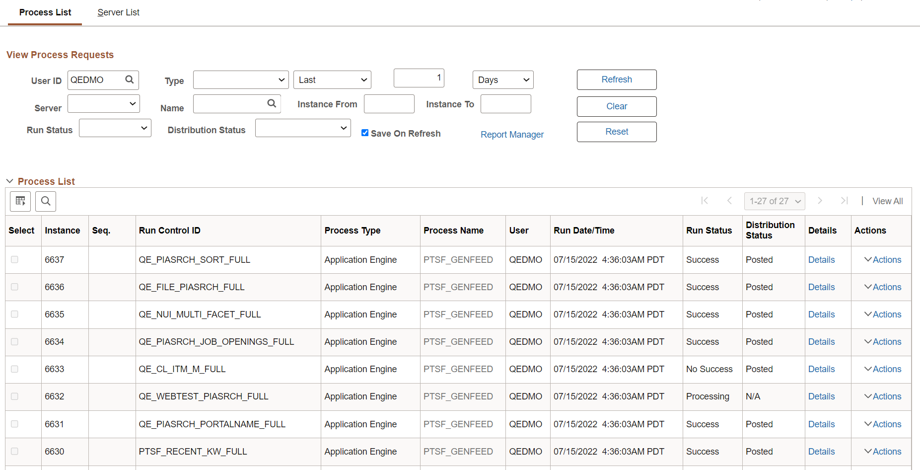 Process List page