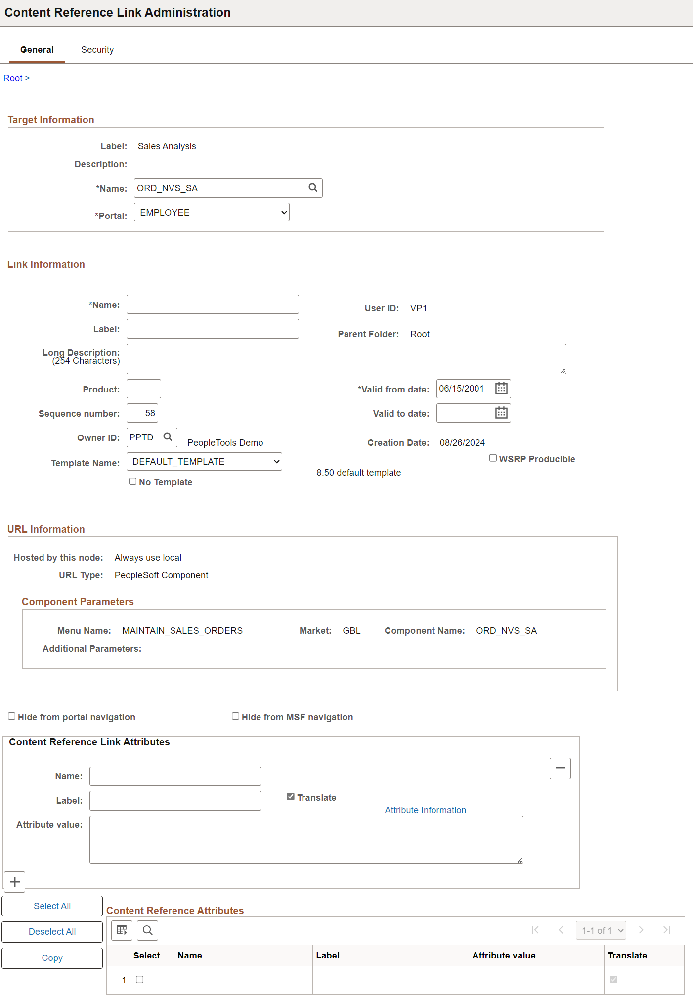 Content Reference Link Administration page