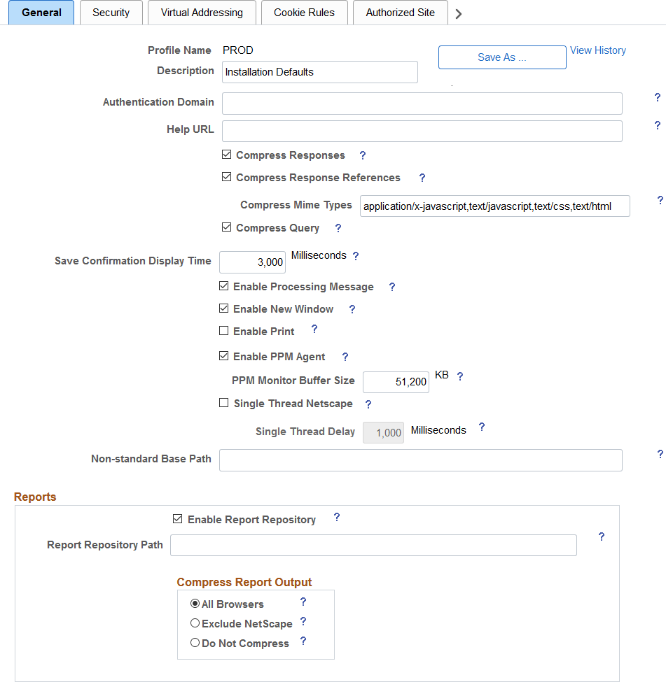 Web Profile Configuration - General page