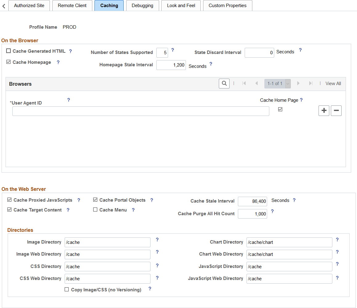 Web Profile Configuration - Caching page