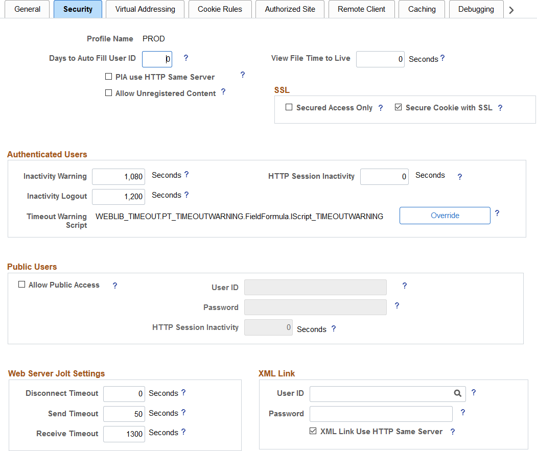 Web Profile Configuration - Security page
