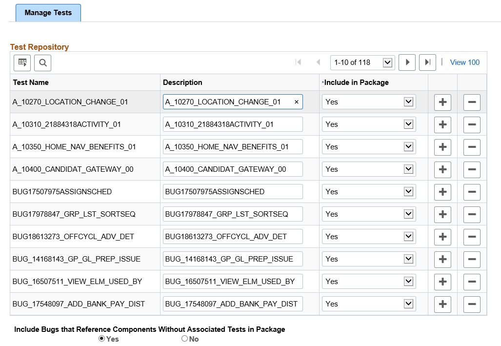 Manage Tests page