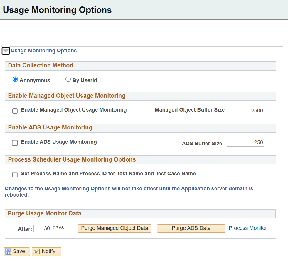Usage Monitoring Options page