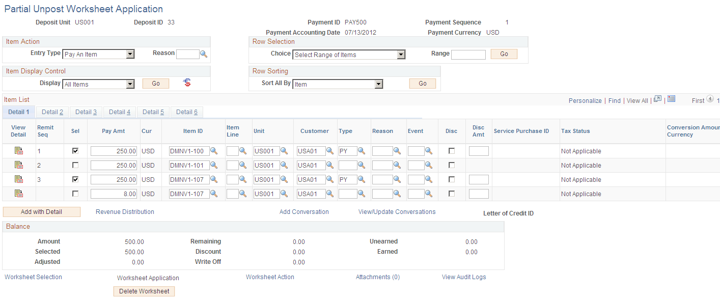 Example of Partial Unpost Worksheet Application page