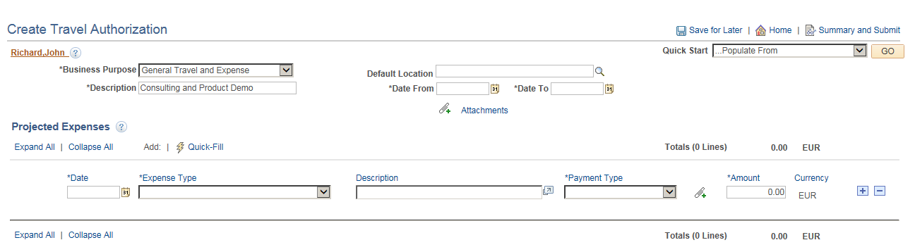 Create Travel Authorization page