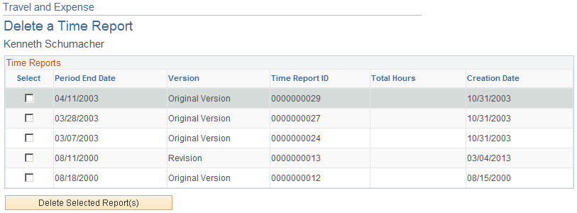 Travel and Expense - Delete Time Report page