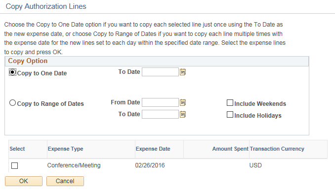Create Travel Authorization - Copy Selected Expenses page