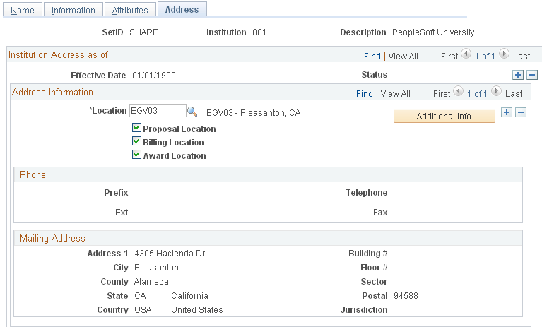Institution - Address page