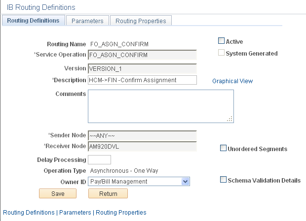 Service Operations page - IB Routings Definitions tab