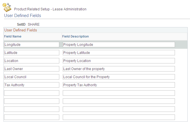 User Defined Fields page