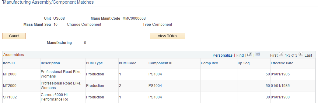 Manufacturing Assembly/Component Matches page