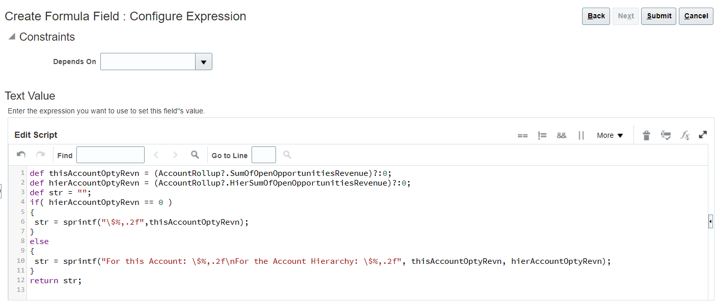 このスクリーン・ショットは、「Total Open Opportunities Revenue」式フィールドに構成された式を示しています。