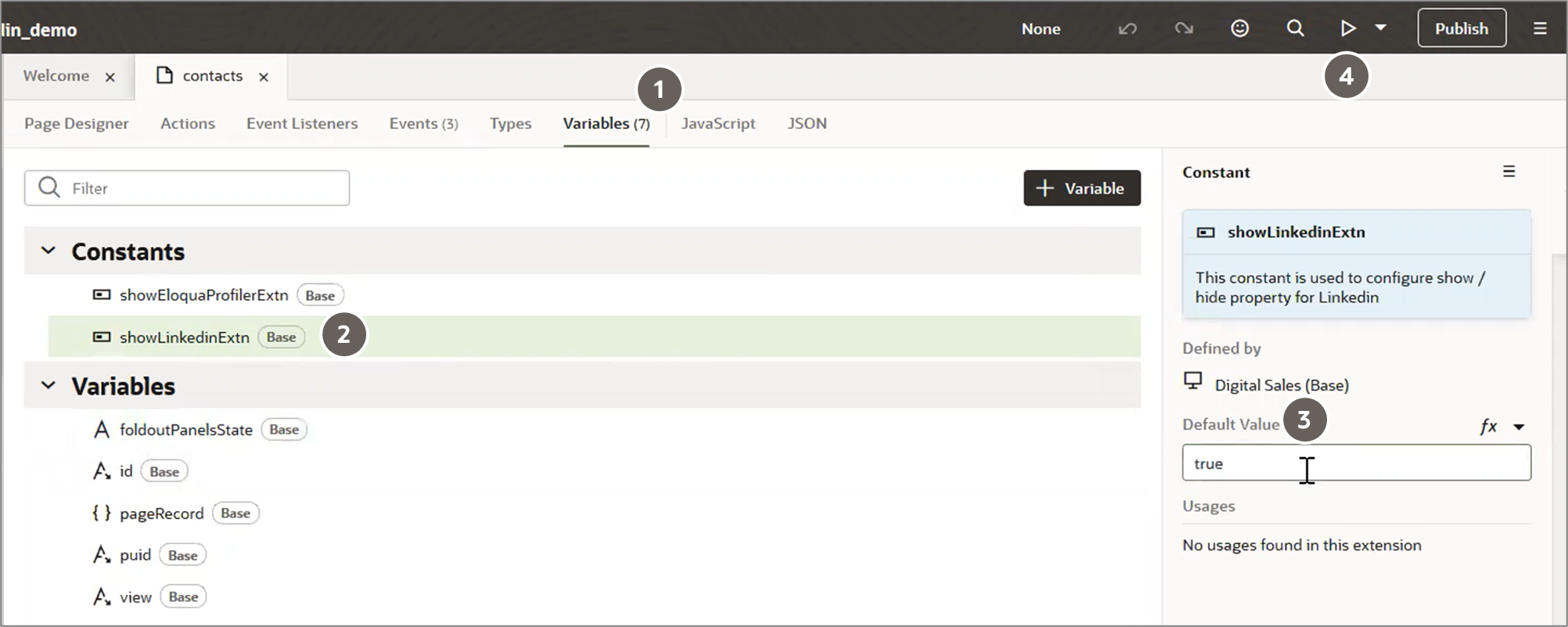 スクリーン・ショットでは、ShowLinkedIn Extnに対する「True」の選択を示し、コールアウトを使用して重要な機能を強調表示しています。