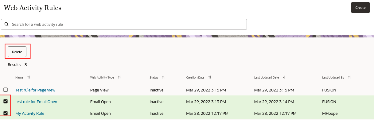 「Webアクティビティ・ルール」ページからルールを選択した後の「削除」ボタンを示しているスクリーンショット