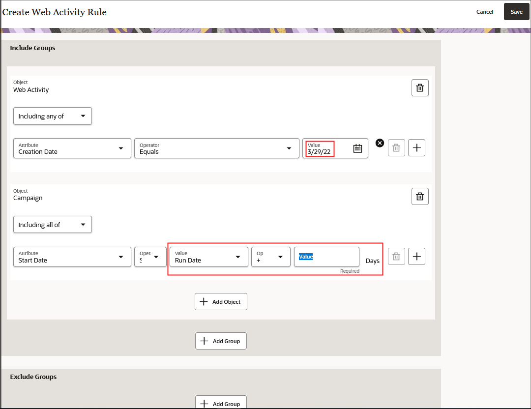 「グループを含む」と「グループの除外」が表示されている「Webアクティビティ・ルール作成」のスクリーンショット