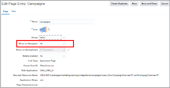 ページ・エントリの編集: キャンペーン・ページで 「ナビゲータに表示」フィールドを強調表示。