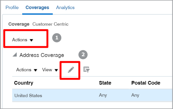 「処理」メニューと「編集」アイコンが強調表示された 「カバレッジ」タブ