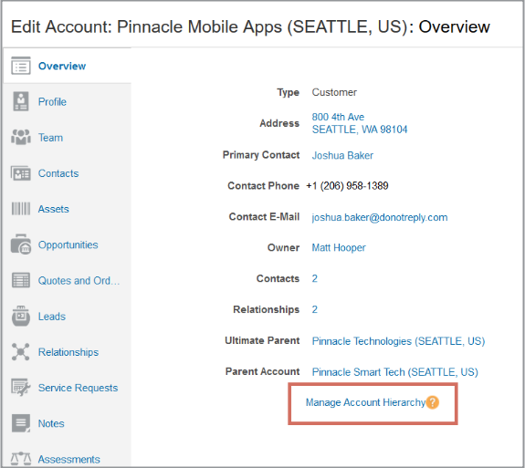架空のPinnacle Mobile Apps会社の「アカウントの編集」ページの 「概要」タブの一部の詳細。 「アカウント階層の管理」リンクが 強調表示されています。 