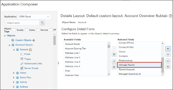 「最上位の親」フィールドが強調表示された、アプリケーション・コンポーザの「詳細レイアウト」ページの「詳細フォームの構成」セクションの一部