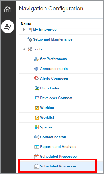 「ナビゲーション構成」ページで2番目の「スケジュール済プロセス」項目を 強調表示している部分のスクリーンショット。