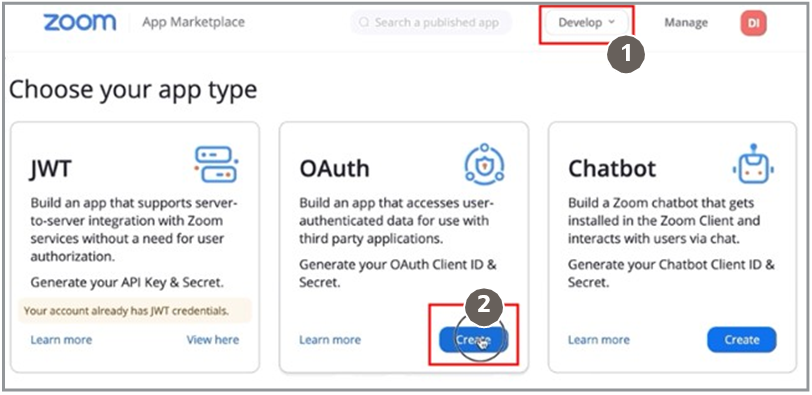 「作成」ボタンが強調表示されたCreate your app typeのスクリーンショット。