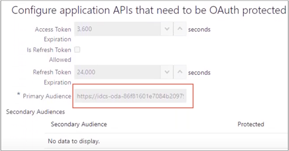 URLを含むプライマリ・オーディエンス・フィールドの場所を示す「リソース」リージョンの詳細