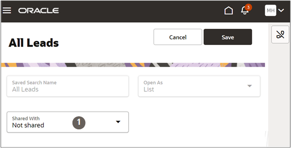 「次と共有」フィールドの場所が強調表示されている保存済検索の編集ページ