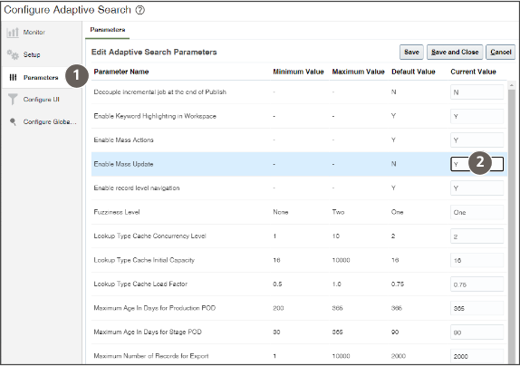 「パラメータ」タブが選択された 「適応型検索の構成」ページ