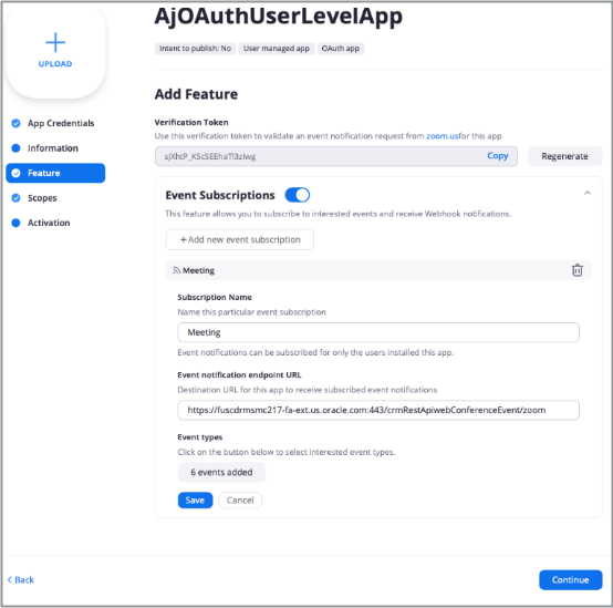 スクリーンショットにはMy Featureページが表示されており、関心のあるイベントをサブスクライブして、アプリケーションのWebフック通知を受信できます