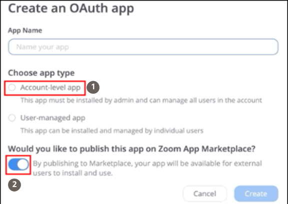 Account-level appオプションが強調表示されたCreate an OAuth appのスクリーンショット。