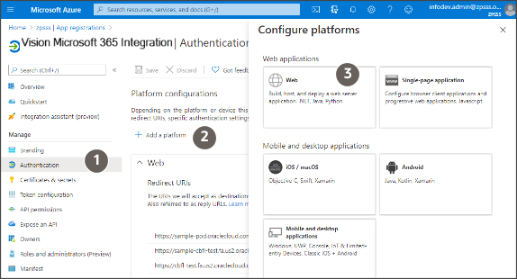 「プラットフォームの追加」および「Configure platforms」のWeb選択がコールアウトで強調表示された認証