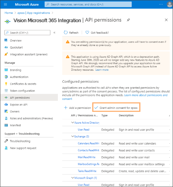 「管理者の同意の付与」ボタンが強調表示された 「API のアクセス許可」ページ