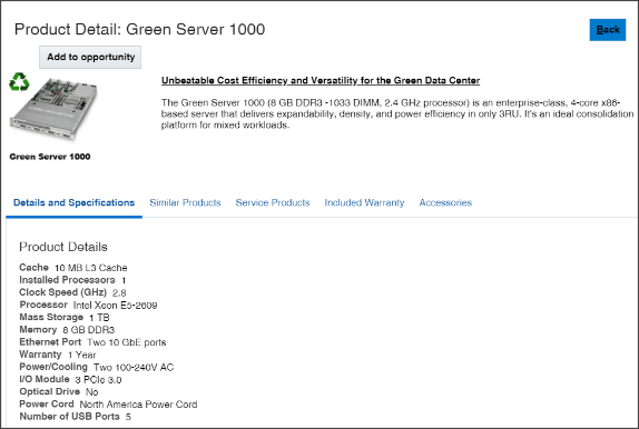 Green Server 1000のイメージと簡単な説明が表示された「製品詳細」ページのスクリーン・キャプチャ。 「詳細および仕様」タブは販売カタログ製品の一部ではなく、追加テキストが表示されています。 