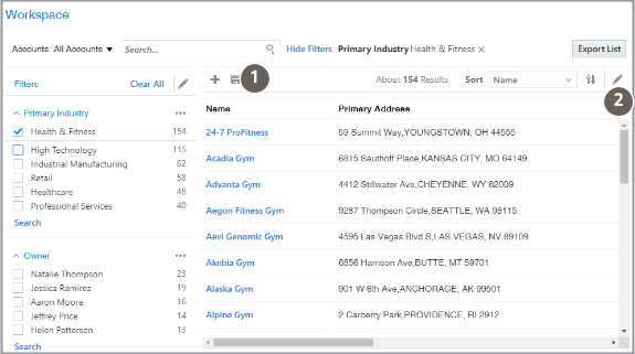 「列の編集」アイコンおよび「別名保存」アイコンが強調表示されたコールアウトを含むワークスペース